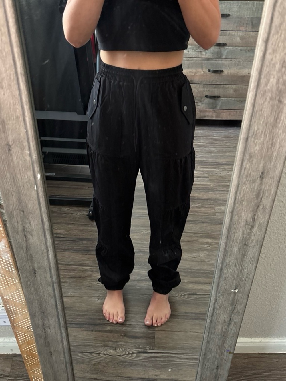 Vici Black Elastic-Waist Cargo Joggers with Snap Pockets